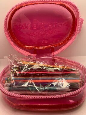 Bath & Body Works Pink Transparent Zippered Pencil Case With Pencils Pens